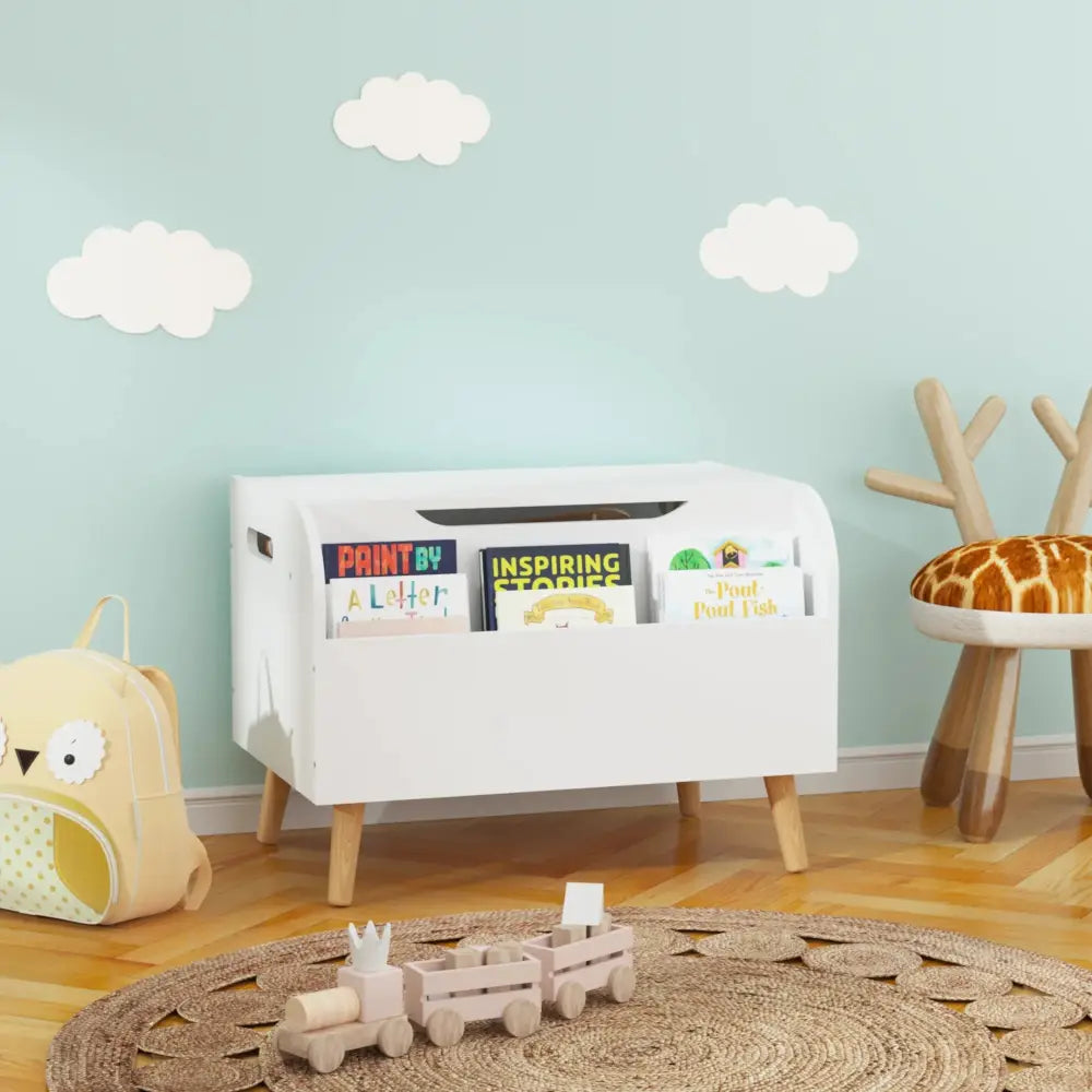 White Wooden Toy Box and Bookshelf Bench with Safety Hinge