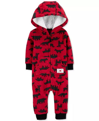 Carter's Baby Boys Hooded Woodland Print Fleece Jumpsuit Red Size New Born