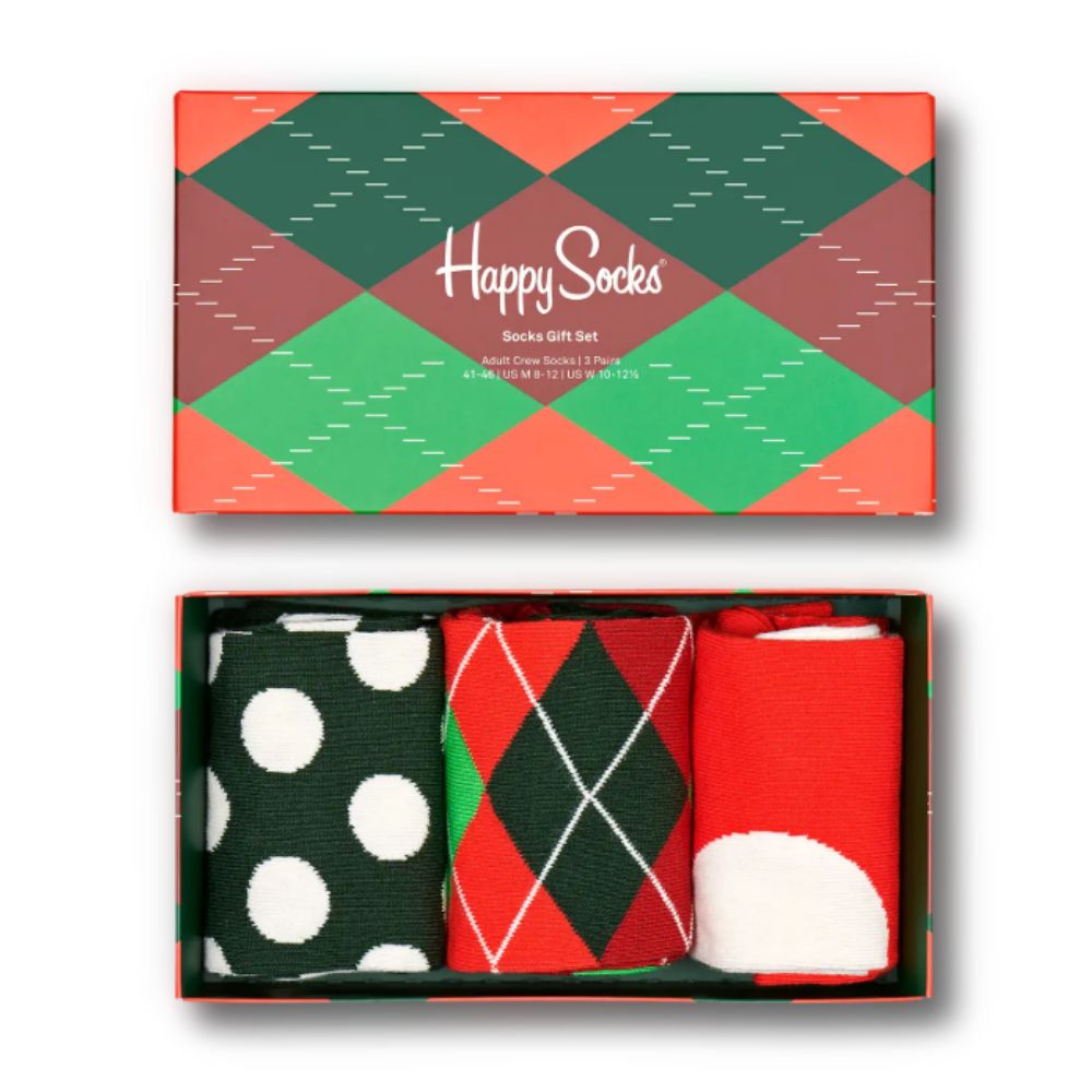 Happy Socks Holiday Classics Assorted 3-Pack Cotton Blend Crew Socks Gift Box Red Size 8-12