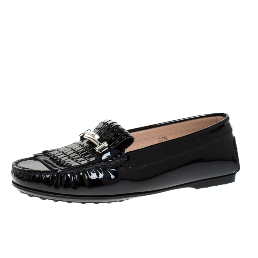Tod's Women's Black Patent Leather Gommino Fringe Double T Loafers Size 41