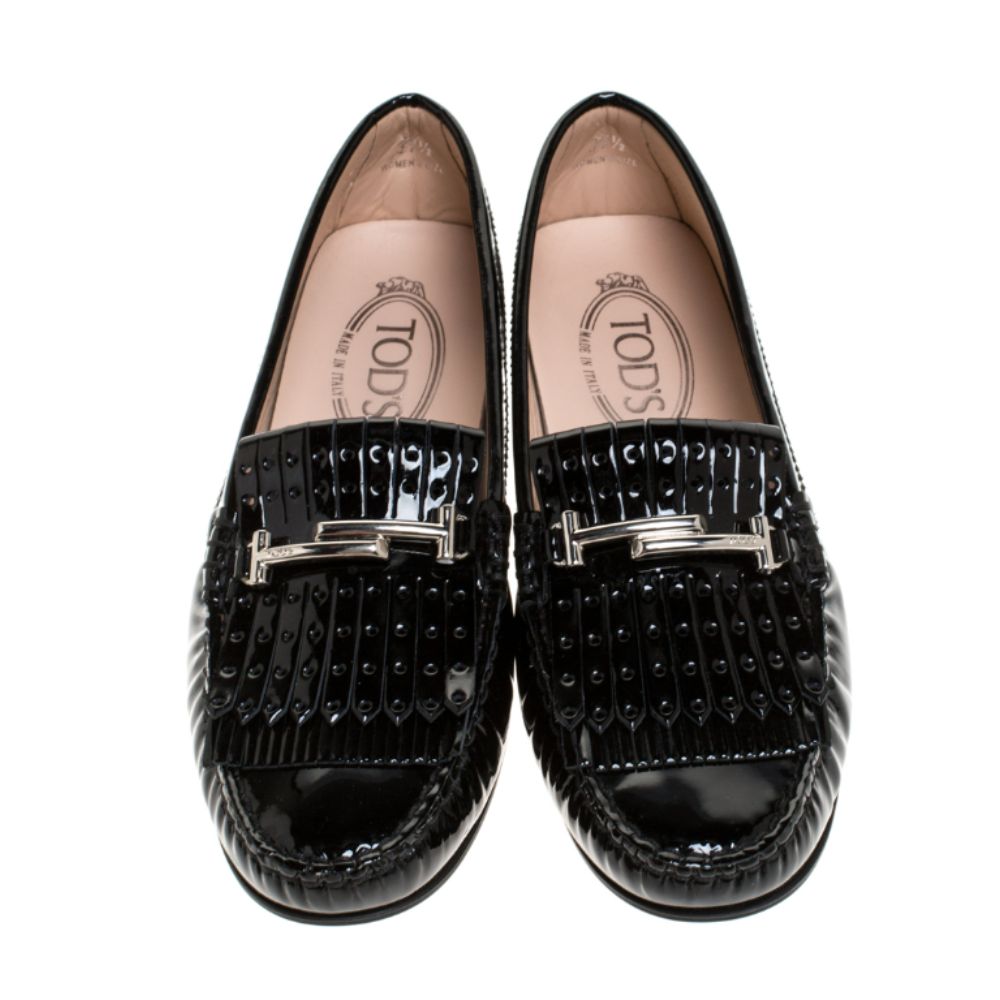 Tod's Women's Black Patent Leather Gommino Fringe Double T Loafers Size 41