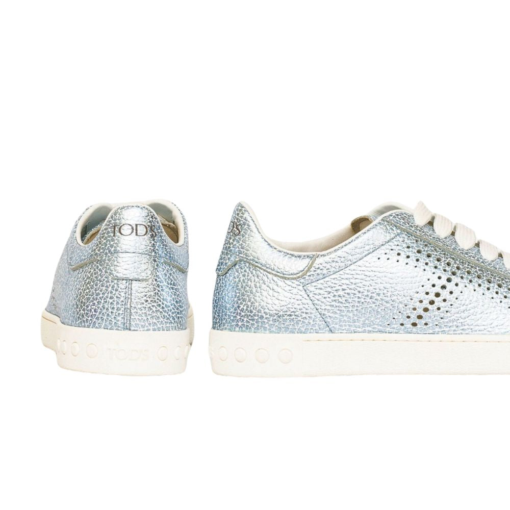 Tod's Women's Shoes Leather Trainers Sneakers Cassetta Leggera 12a Allacciata In Silver Size 37.5