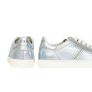 Tod's Women's Shoes Leather Trainers Sneakers Cassetta Leggera 12a Allacciata In Silver Size 37.5