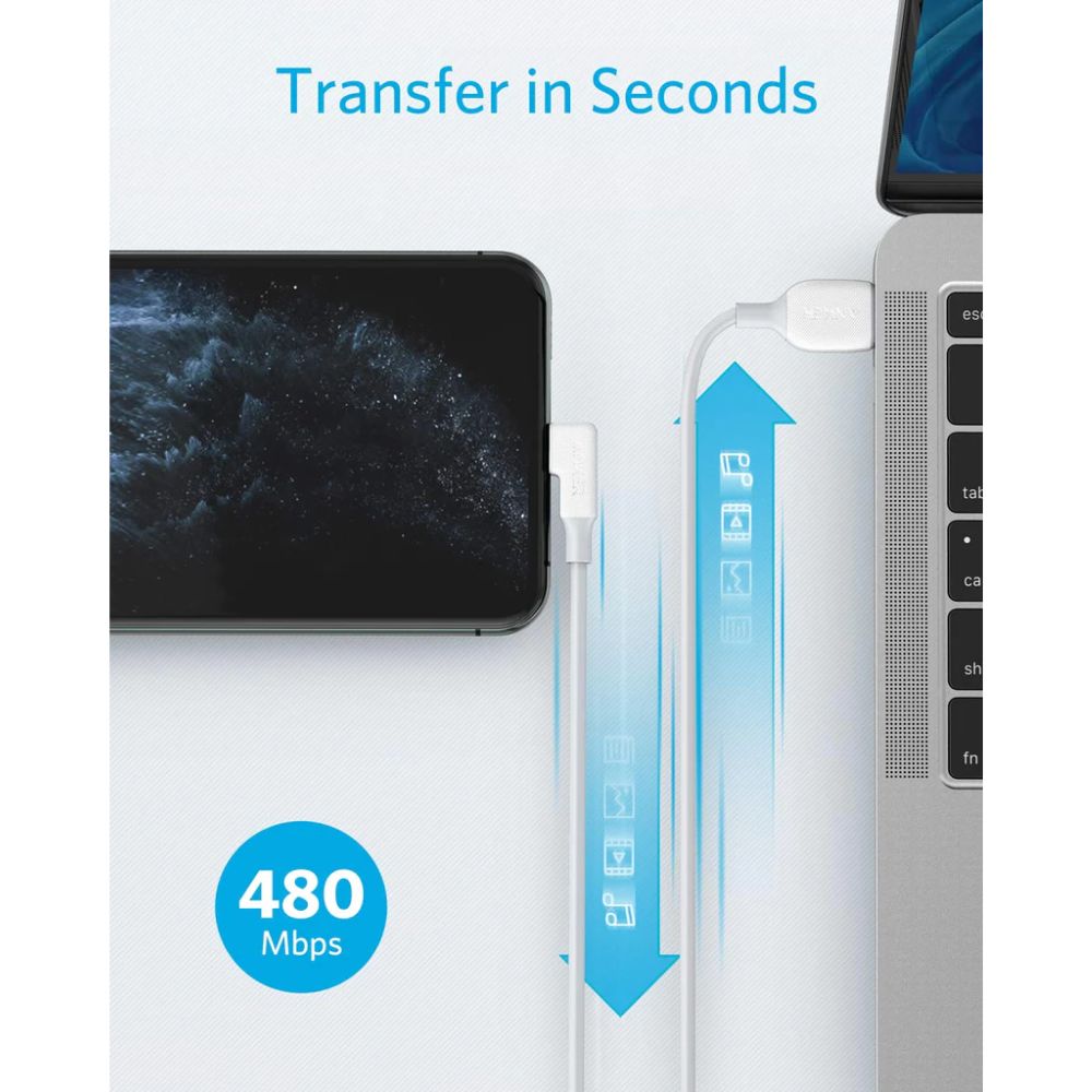 Anker Powerline 6' 90 Degree Lightning to USB-A Cable - White