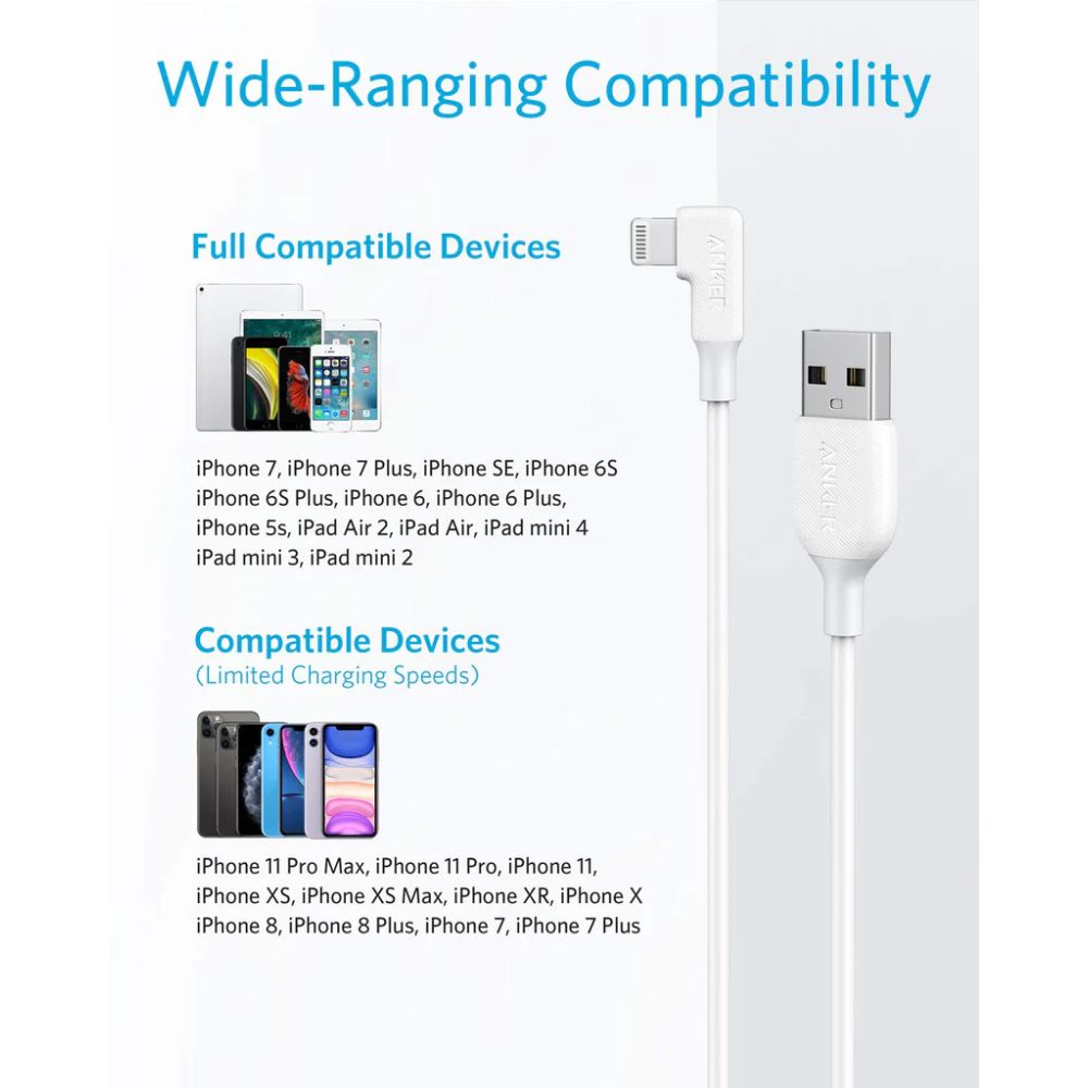 Anker Powerline 6' 90 Degree Lightning to USB-A Cable - White