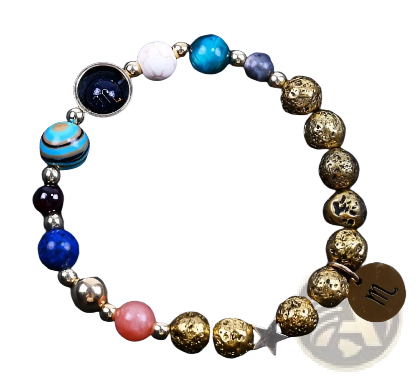 Zodiac Volcanic Stone Beaded Bracelet with Gold Charms
