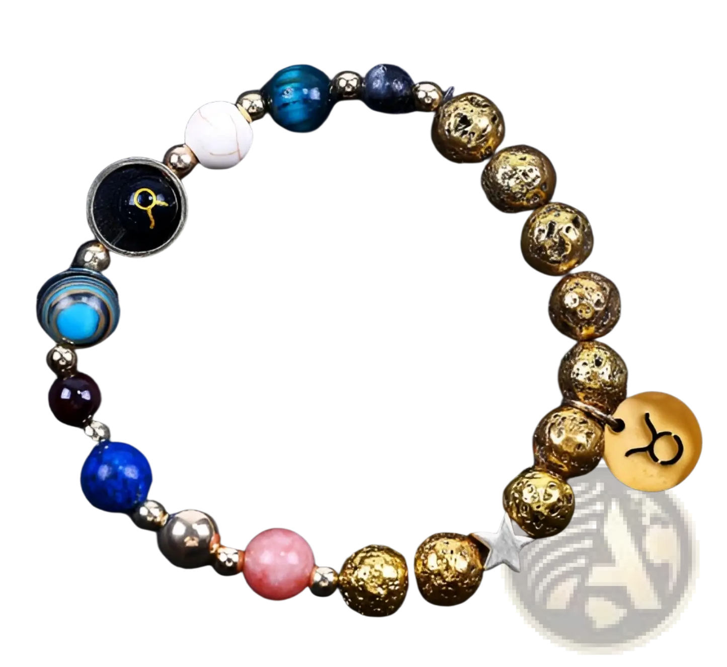 Zodiac Volcanic Stone Beaded Bracelet with Gold Charms