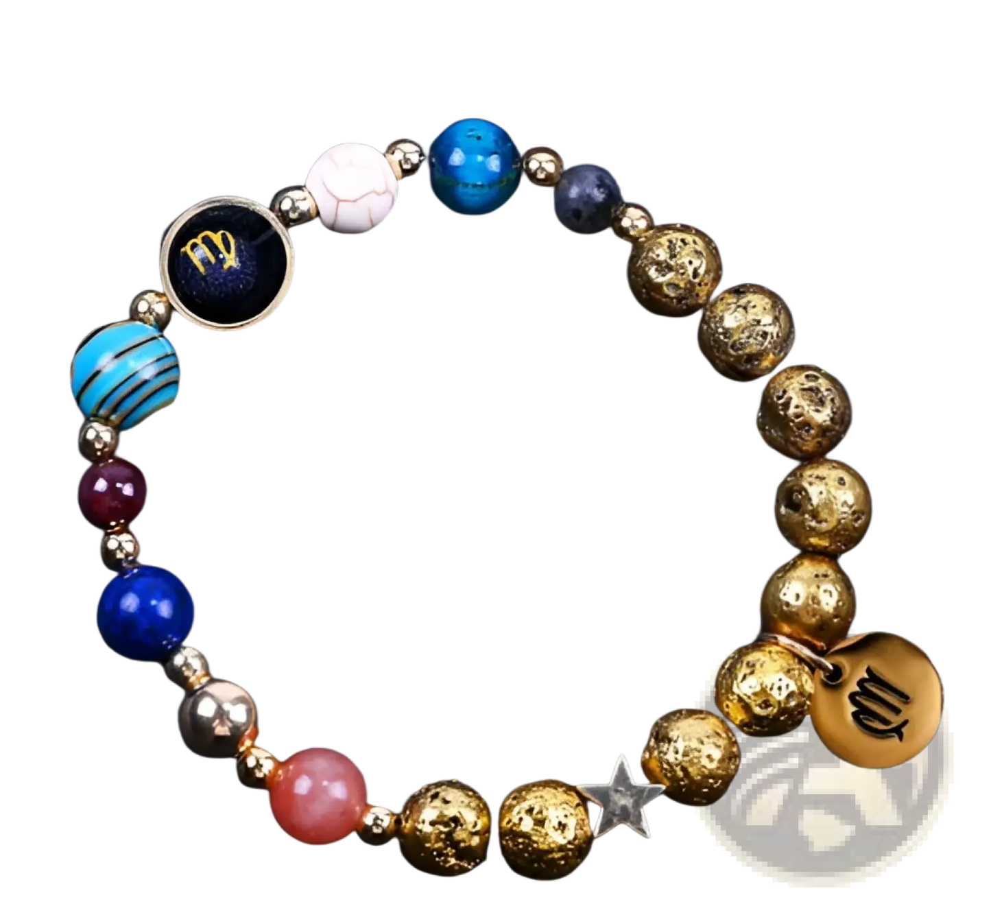 Zodiac Volcanic Stone Beaded Bracelet with Gold Charms