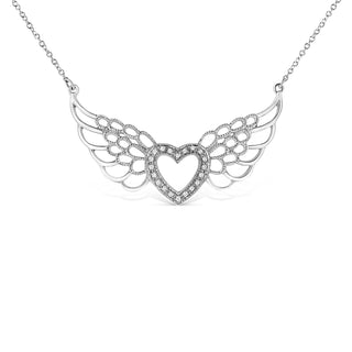 .925 Sterling Silver Pave-Set Diamond Accent Fairy Wing 18" Heart Pendant Necklace (I-J Color, I1-I2 Clarity)