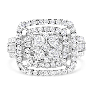 10K White Gold 2 Cttw Brilliant Round-Cut And Baguette Diamond Halo And Cluster Ring (I-J Color, I1-I2 Clarity) - Size 9