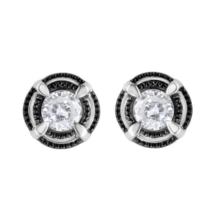 Black Rhodium Plated .925 Sterling Silver Round 1-1/2 Cttw Diamond Double Halo 4-Prong Solitaire Milgrain Stud Earrings (H-I Color, I2-I3 Clarity)