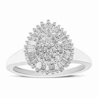 10K White Gold 1/2 Cttw Round & Baguette Cut Diamond Pear Shaped Domed Pavé Cluster With Halo Cocktail Ring (H-I Color, Si1-Si2 Clarity) - Size 6