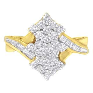 10K Yellow Gold Round And Baguette Cut Diamond Cluster Ring (1 1/10 Cttw, H-I Color, Si2-I1 Clarity) - Size 7