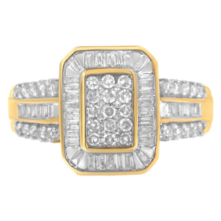 10K Yellow Gold Round And Baguette-Cut Diamond Cluster Ring (1.0 Cttw, I-J Color, Si1-Si2 Clarity) - Size 8