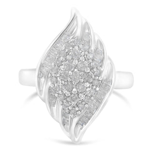 .925 Sterling Silver ¾ Cttw Round And Baguette Cut Diamond Stair-Stepped Cluster Waterfall Cocktail Ring (I-J Color, I2-I3 Clarity) - Size 7-1/2