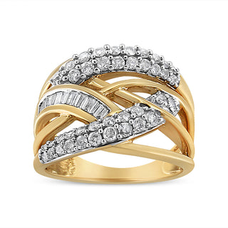 10K Yellow And White Gold 1.0 Cttw Round And Baguette-Cut Diamond Multirow Interwoven Cocktail Ring (I-J Color, I2-I3 Quality) - Size 6