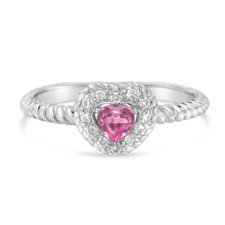 .925 Sterling Silver 4Mm Pink Sapphire Heart And Diamond Accent Heart Ring (I-J Color, I2-I3 Clarity) - Size 6-1/2