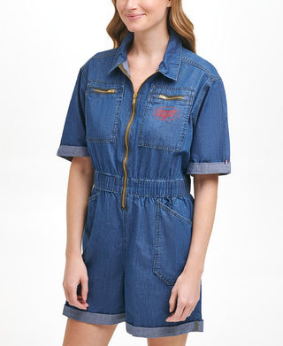 Tommy Jeans Women's Denim Zippered Pocketed Elastic Waist Logo Graphic Elbow Sleeve Collared Romper Blue Size Small