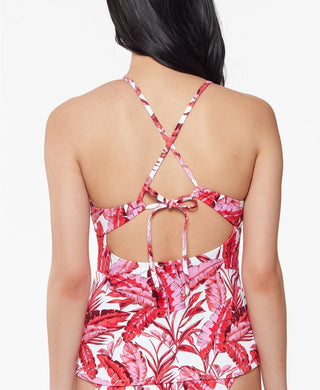 Jessica Simpson Women's Printed Paradiso Palm Crossed Back Tankini Top Swimsuit Pink Size Small