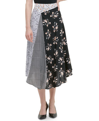 Calvin Klein Women's Printed Tea Length Pleated Skirt Black Size 10