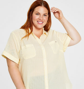 Tommy Hilfiger Women's Dobby Stripe Camp Shirt Yellow Size 2X