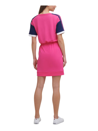 Tommy Hilfiger Women's Stretch Color Block Short Sleeve V Neck Short Sheath Dress Pink Size Large