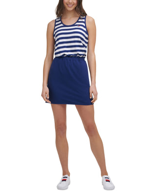 Tommy Hilfiger Women's Stretch Striped Sleeveless Scoop Neck Mini Sheath Dress Blue Size Small