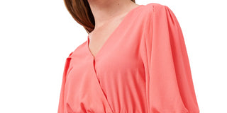 1.STATE Women's Coral Stretch Smocked Pleated Elbow Puff Sleeve Surplice Neckline Top Coral Size XX-Small
