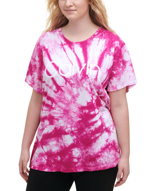 Calvin Klein Women's Stretch Tie Dye Short Sleeve Crew Neck T-Shirt Pink Size 1X