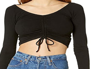 Madden Girl Women's Cinched Front Cropped Long Sleeve Top Black Size Small