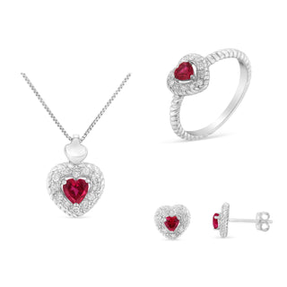 .925 Sterling Silver, ¾ Cttw Lab-Created Ruby, 1/4 Cttw Diamond Heart Ring, Earrings, And Pendant Necklace Set (I-J Color, I2-I3 Clarity) - Size 8