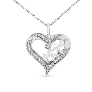 .925 Sterling Silver 1/4 Cttw Diamond Engraved "Mom" in Heart Pendant Necklace (I-J Color, I3 Clarity)