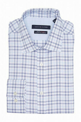 Tommy Hilfiger Men's Fitted Performance Stretch Blue Check Dress Shirt Navy Size 34-35