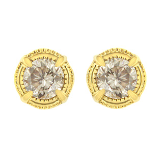 14K Yellow Gold Plated .925 Sterling Silver 1.0 Cttw Round Brilliant Cut Diamond Solitaire Milgrain Stud Earrings (K-L Color, I2-I3 Clarity)