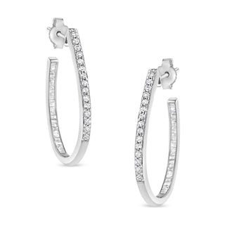 .925 Sterling Silver 1/2 Cttw Round And Baguette-Cut Diamond Inside-Outside Hoop Earrings (H-I Color, I1-I2 Clarity)