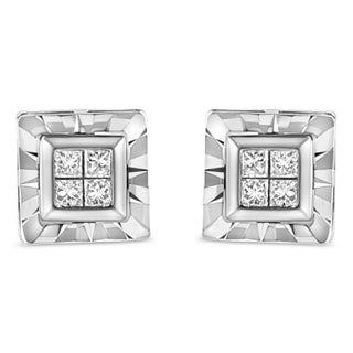 .925 Sterling Silver 1/6 Cttw Invisible Set Princess-Cut Diamond Quad Composite Stud Earrings (H-I Color, I1-I2 Clarity)