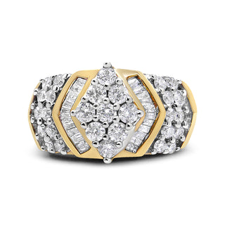 10K Yellow And White Gold 1.00 Cttw Round And Baguette-Cut Diamond Cluster Ring (H-I Color, I1-I2 Clarity)