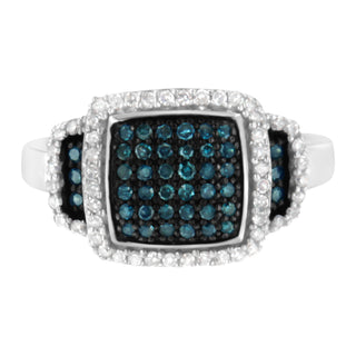 Black Rhodium Plated .925 Sterling Silver 1/2 Cttw White & Blue Diamond Square Halo Cocktail Ring (Fancy Blue & H-I Color, I2-I3 Clarity) - Size 6