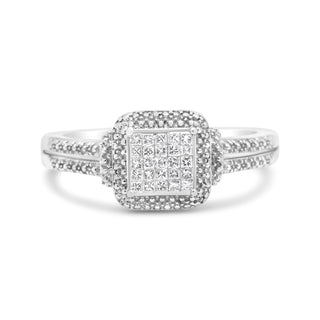 .925 Sterling Silver 1/4 Cttw Princess-Cut Diamond Composite Ring With Beaded Halo (H-I Color, Si1-Si2 Clarity) - Size 7