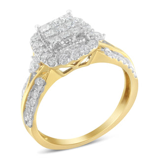 10K Yellow Gold 1.0 Cttw Brilliant-Cut Diamond Cluster Cushion-Shape Halo Triple-Band-Look Engagement Ring (H-I Color, Si1-Si2 Clarity) (7.5)