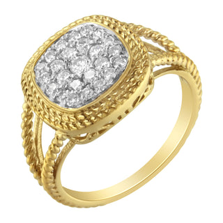 10K Yellow Gold Plated .925 Sterling Silver 1/2 Cttw Diamond Square Cushion Cluster Split Shank Cocktail Ring (J-K Color, I2-I3 Clarity) - Size 6