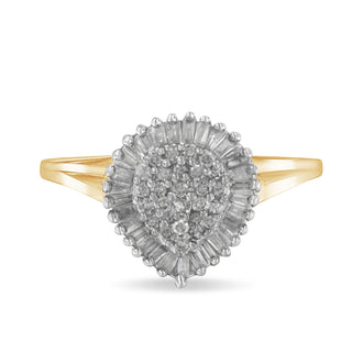 10K Yellow Gold 1/2 Cttw Round & Baguette Cut Diamond Pear Shaped Domed Pavé Cluster With Halo Cocktail Ring (J-K Color, I1-I2 Clarity) - Size 7