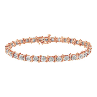 10K Rose Gold Over .925 Sterling Silver 1.0 Cttw Diamond S-Curve Link Miracle-Set Tennis Bracelet (I-J Color, I3 Clarity) - 7"