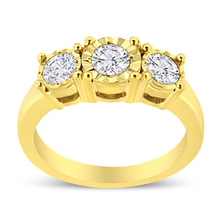 14K Yellow Gold Plated .925 Sterling Silver 1.00 Cttw Miracle-Set Round Diamond Three Stone Engagement Ring (K-L Color, I1-I2 Clarity) - Size 7