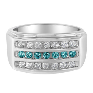 Men's 14Kt White Gold Treated Blue Color Diamond Channel Band Ring (1 Cttw, H-I Color, I1-I2 Clarity)