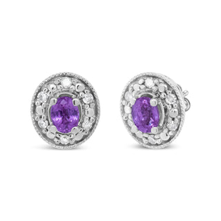 14K White Gold 4X3mm Round Pink Sapphire And 1/10 Cttw Round Diamond Halo Stud Earrings - (I-J Color, Si1-Si2 Clarity)