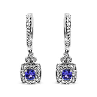 14K White Gold 4X4 Mm Cushion Shaped Blue Tanzanite And 1/3 Cttw Diamond Halo 1" Inch Drop And Dangle Earrings (J-K Color, Si2-I1 Clarity)