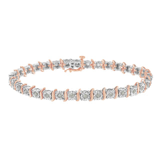 Two-Tone 10K Rose Gold Over .925 Sterling Silver 1.0 Cttw Diamond S-Curve Link Miracle-Set Tennis Bracelet (I-J Color, I3 Clarity) - 8"