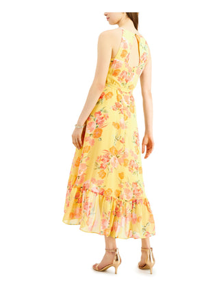 Vince Camuto Women's Zippered Sheer Tie Belt Lined Floral Sleeveless Halter Midi Party Fit Flare Dress Yellow Size 12