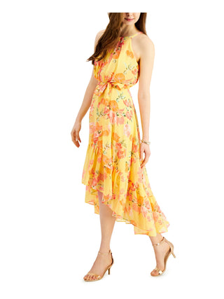 Vince Camuto Women's Zippered Sheer Tie Belt Lined Floral Sleeveless Halter Midi Party Fit Flare Dress Yellow Size 12